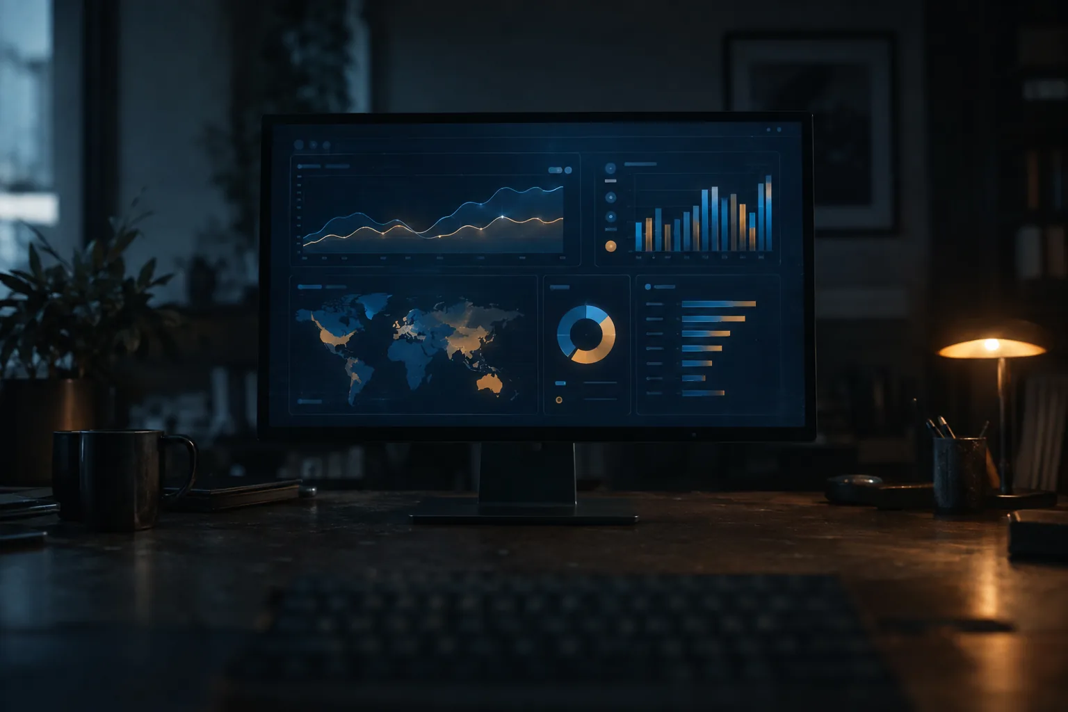 Monitor showing a market data analytics dashboard
