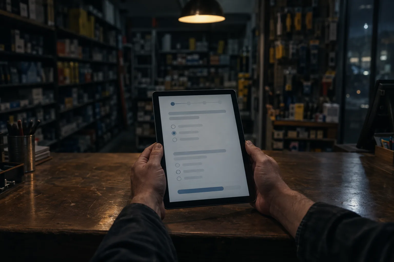 Tablet showing a business health questionnaire at a hardware store counter