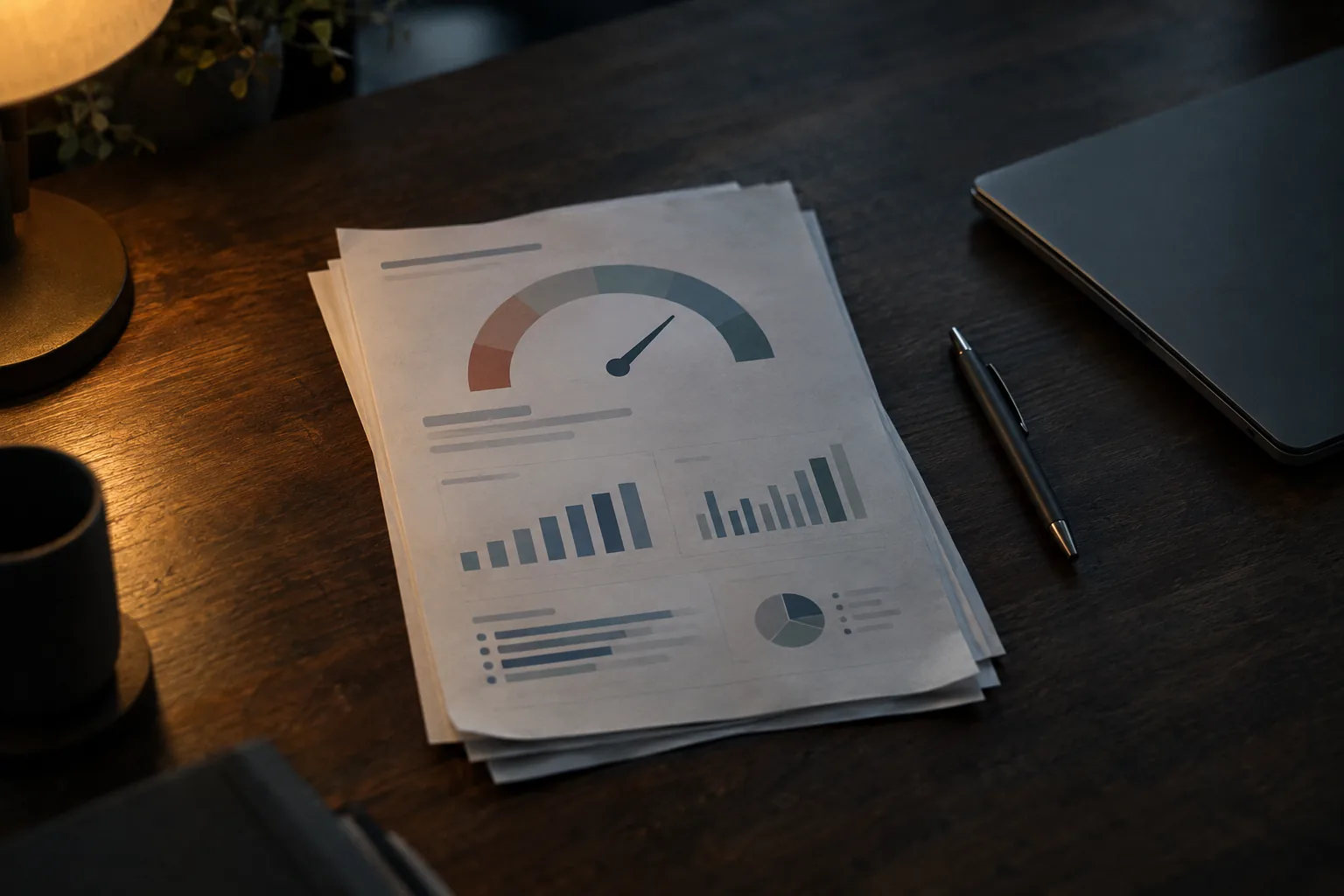 Printed credit-readiness report with a score gauge