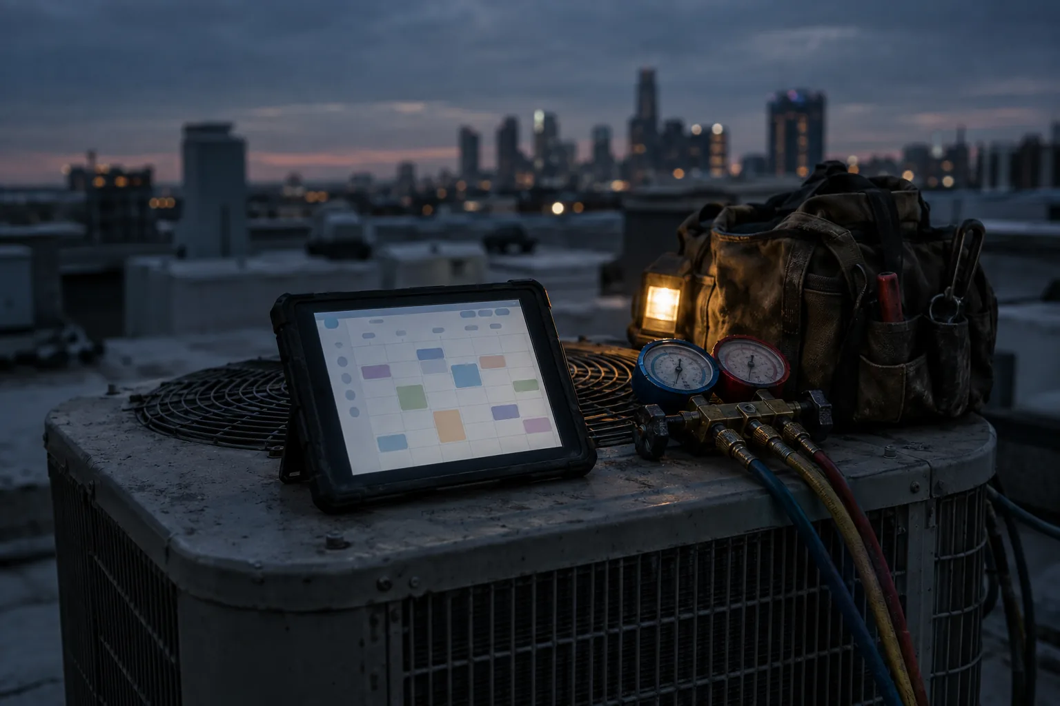 Tablet showing a technician schedule on a rooftop air-conditioning unit