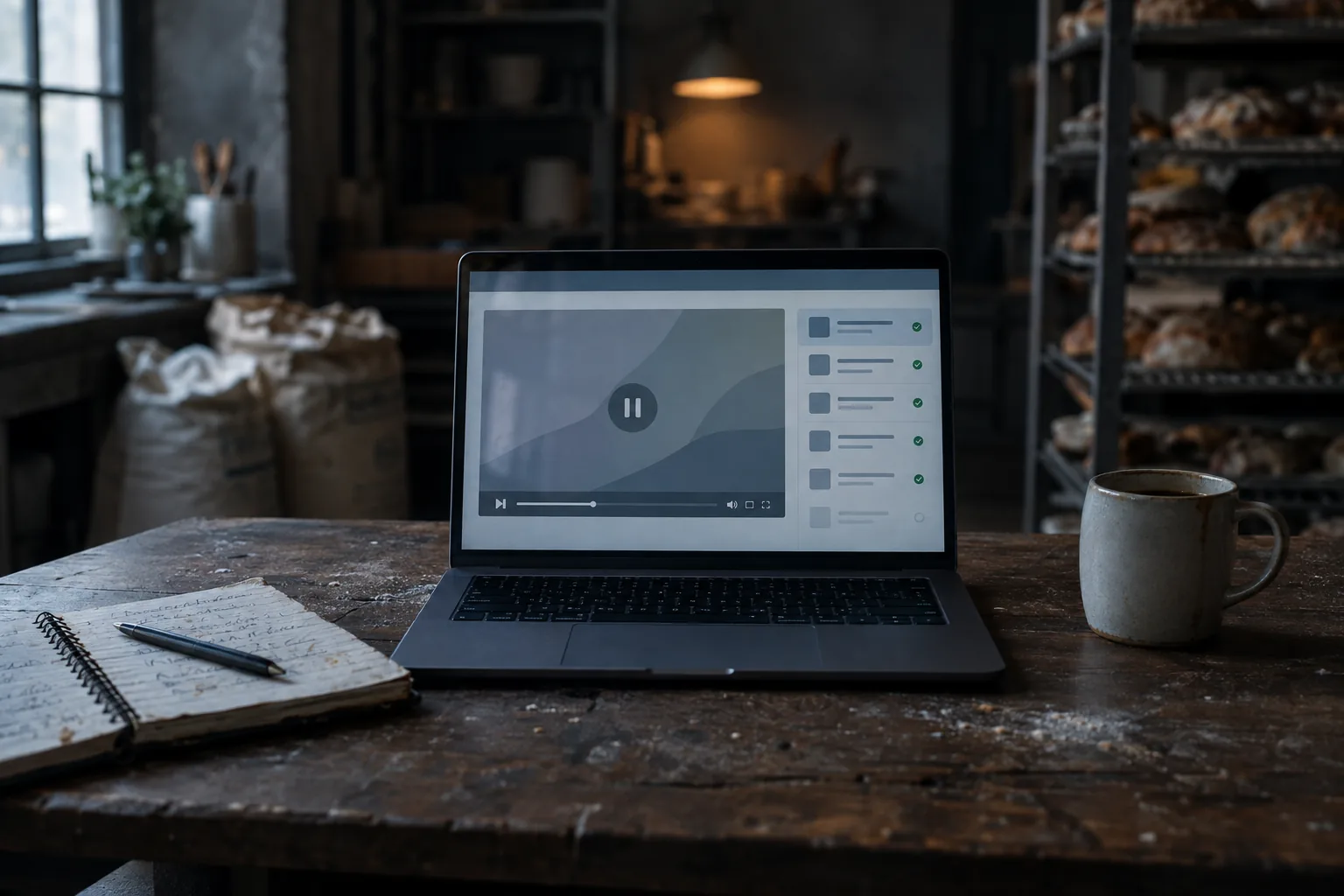 Laptop showing an online course lesson in a bakery back office