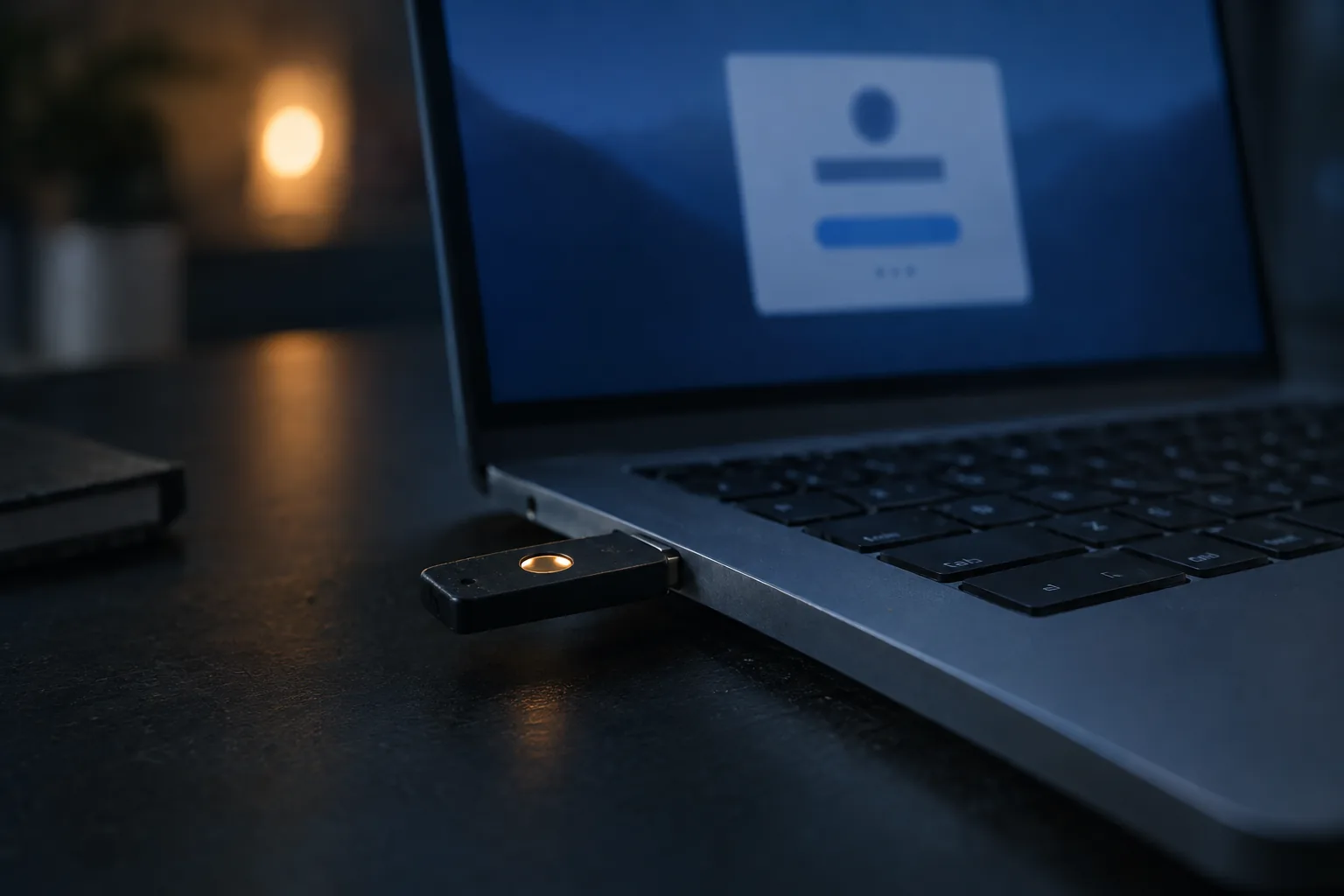 Hardware security key plugged into a laptop showing a sign-in screen