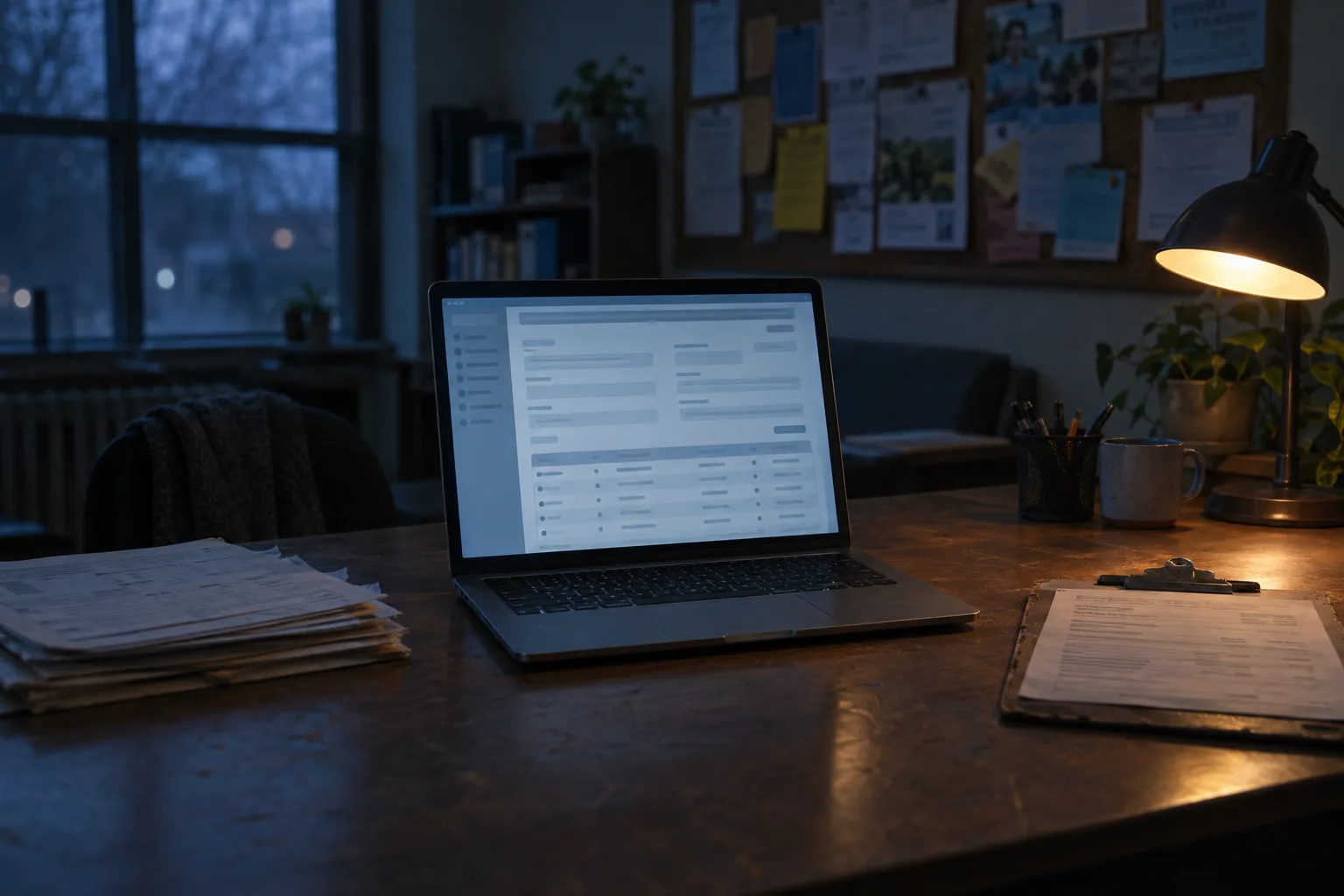 Laptop showing a CRM record beside paper intake forms in a nonprofit office