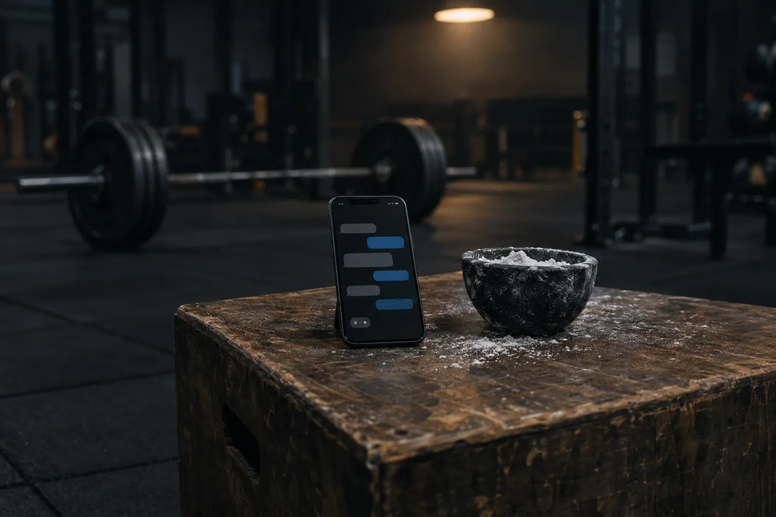Phone showing a chat conversation beside a chalk bowl in a strength gym
