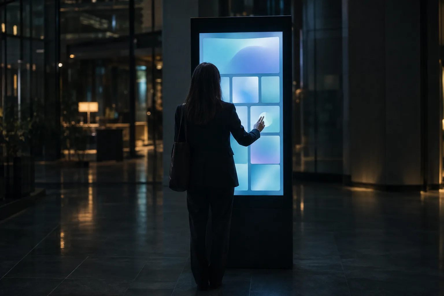 Visitor tapping a tall touchscreen display in an office lobby
