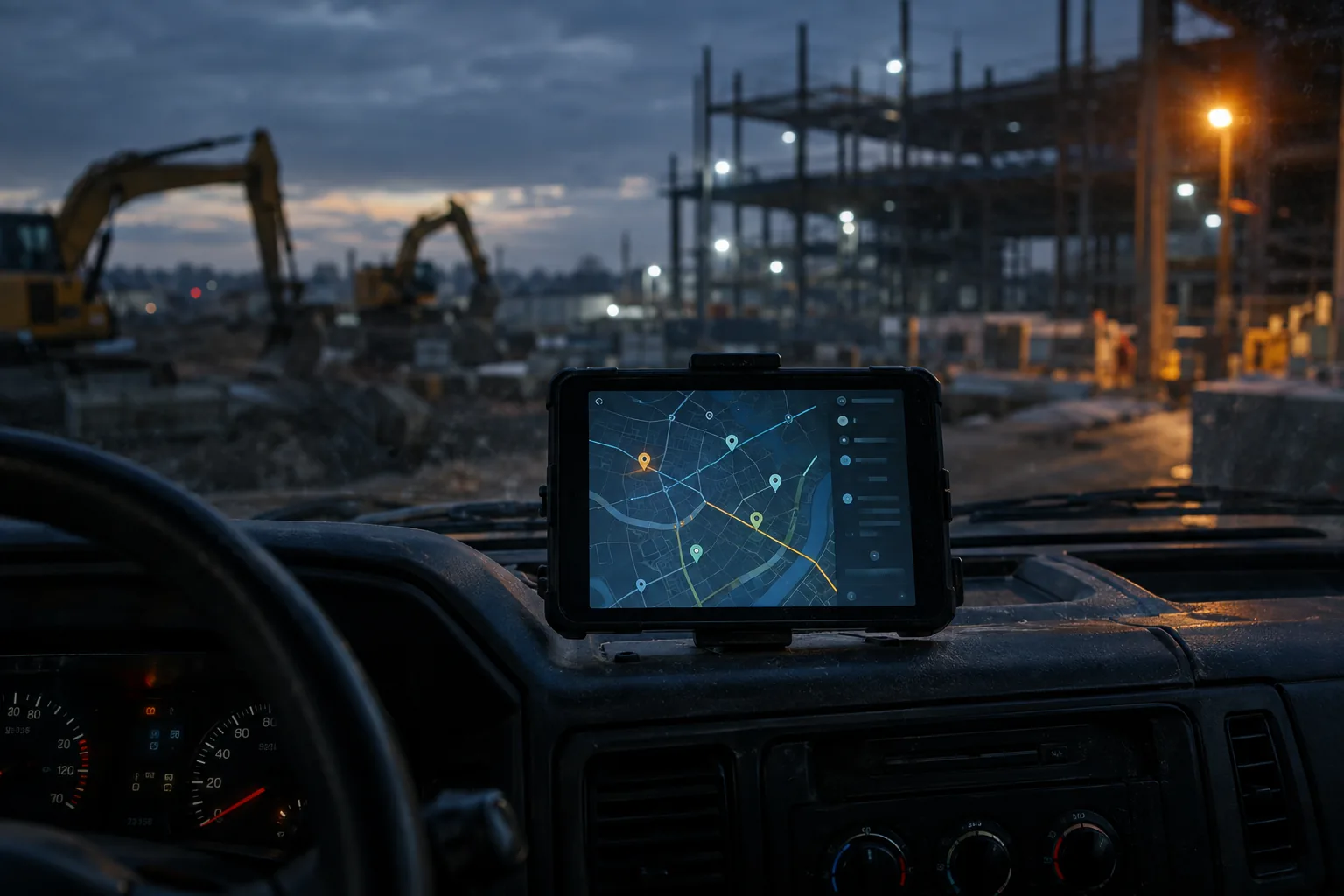 Dashboard tablet showing vehicle locations on a map at a construction site