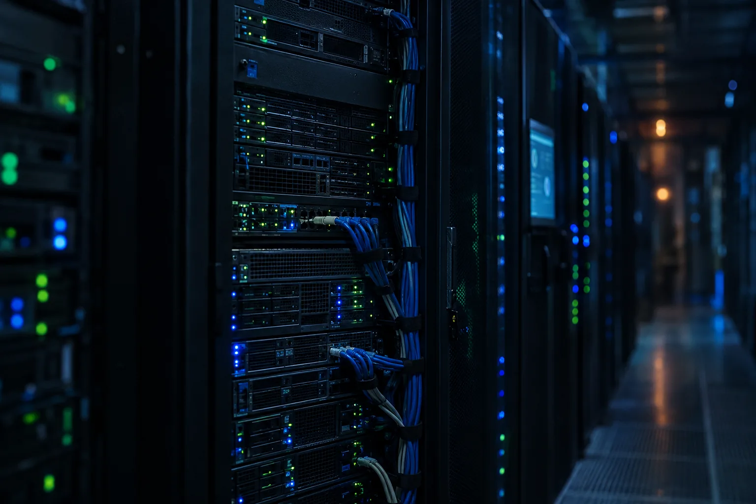 Rack-mounted servers with status lights in a data center